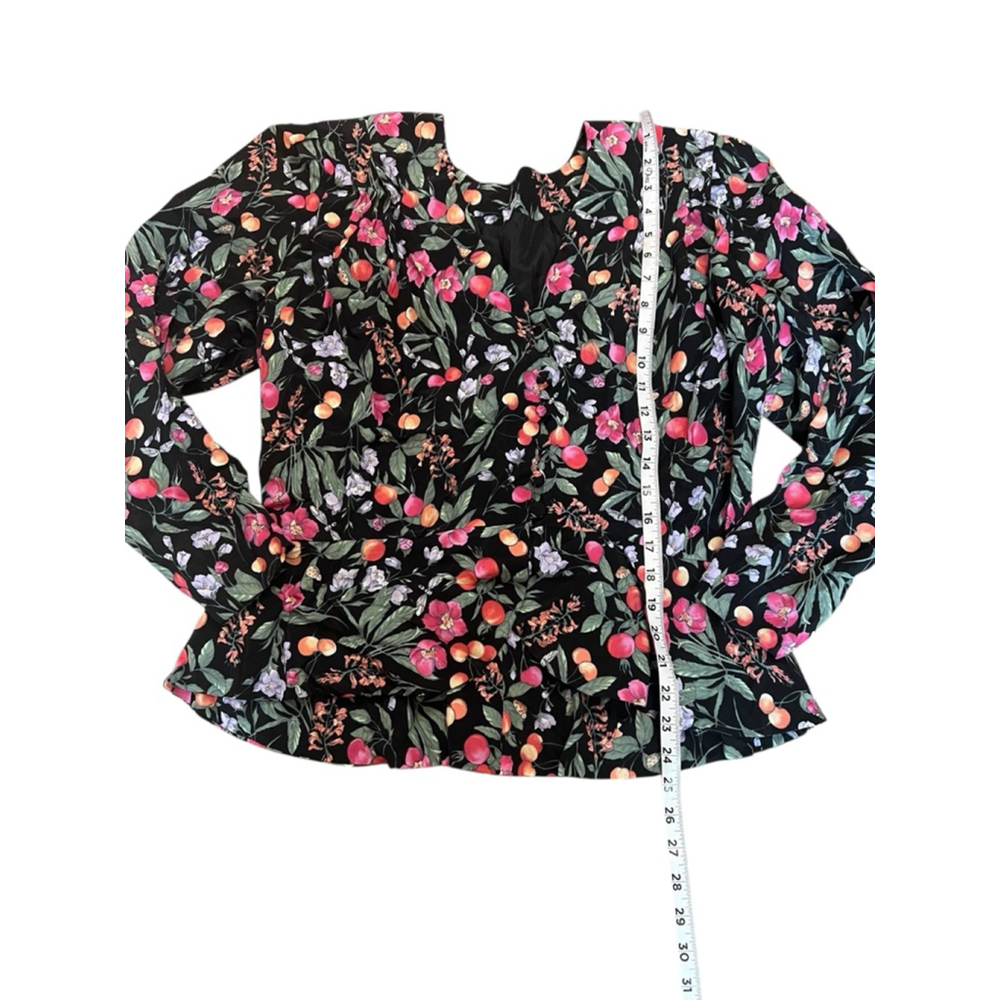 Vintage Black Floral Fruit Print Blouse Large Cottagecore Button Front Top - Picture 9 of 9